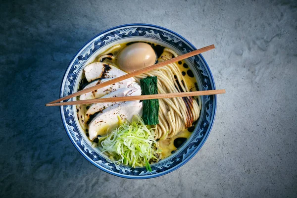 Top View Tasty Japanese Noodle Soup Boiled Egg Seaweed Broth — Stock Photo, Image