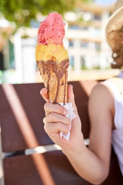 Unrecognizable Kid Sitting Wooden Bench Colorful Ice Cream Waffle Cone — Stock Photo, Image