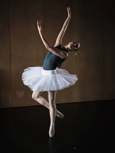 Full Body Slim Female Ballerina Tutu Pointe Shoes Dancing Ballet — Stock Photo, Image