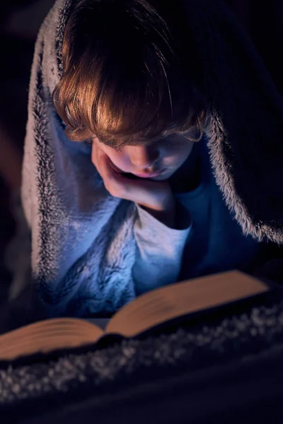 Niño Enfocado Envuelto Cálida Lectura Manta Mano Lectura Libro Interesante —  Fotos de Stock