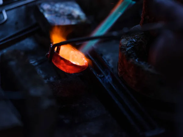 High Angle Metal Liquated Crucible Gas Torch Dark Jewelry Workshop — Stock Photo, Image