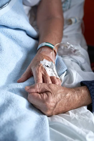 High Angle Crop Anonymous Elderly Man Holding Hand Sick Woman — Stock Photo, Image