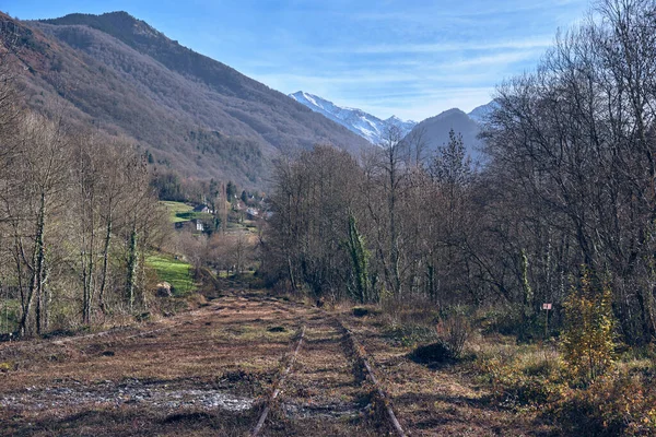 青空の高山に囲まれた村に葉のない木々を通り抜ける鉄道トラック — ストック写真