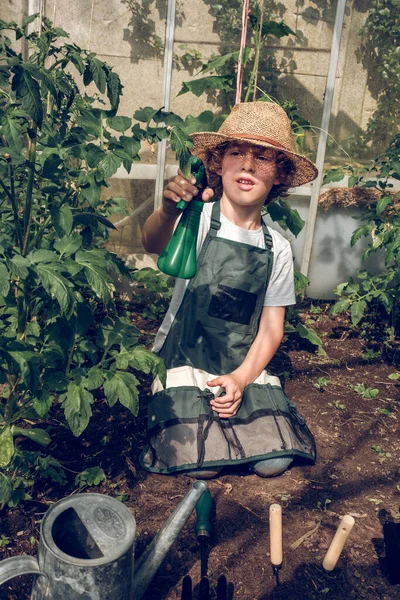 Kid Straw Hat Apron Sitting Ground Gardening Tools Watering Can — Stock Photo, Image