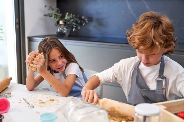 Adorable Attentive Little Boy Curly Blond Hair Apron Kneading Dough — Stock Photo, Image