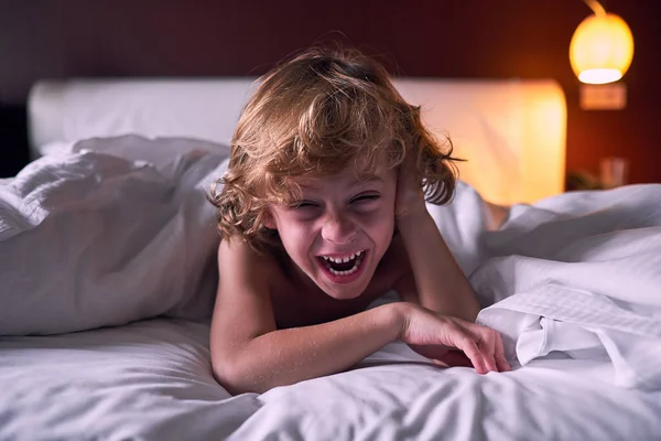 Happy Little Boy Touching Hair Laughing Joke While Resting Blanket — Stock Photo, Image