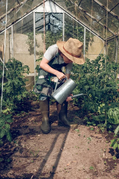 Side Vies Full Body Preteen Boy Gardener Wicker Hat Gumboots — Stock Photo, Image