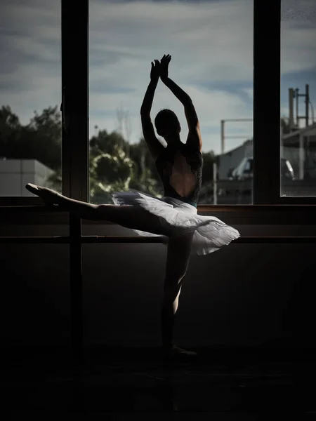 Visão Traseira Bailarina Saia Tutu Alongando Barre Olhando Para Janela — Fotografia de Stock