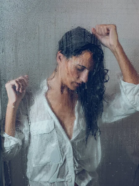 Glass Sad Female Black Hair White Wet Shirt Standing Shower — Stock Photo, Image