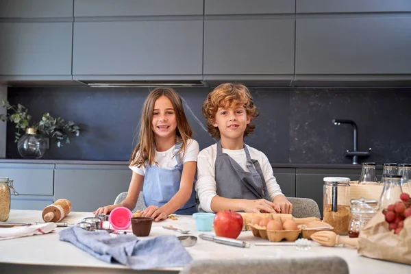 Glad Children Aprons Looking Camera While Making Dough Cookies Table — Stock Photo, Image