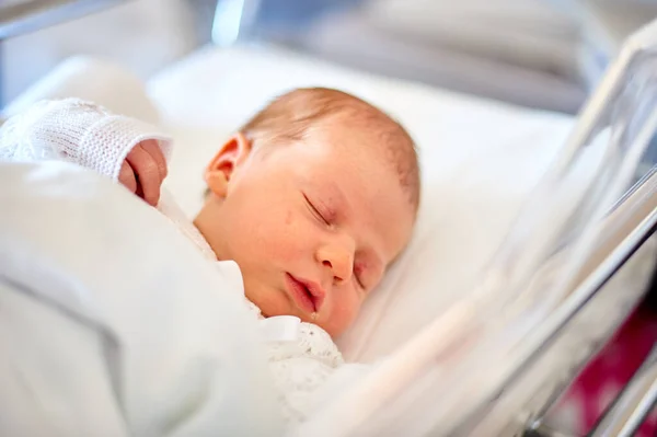 Novorozené Dítě Spí Své Nemocniční Postýlce — Stock fotografie