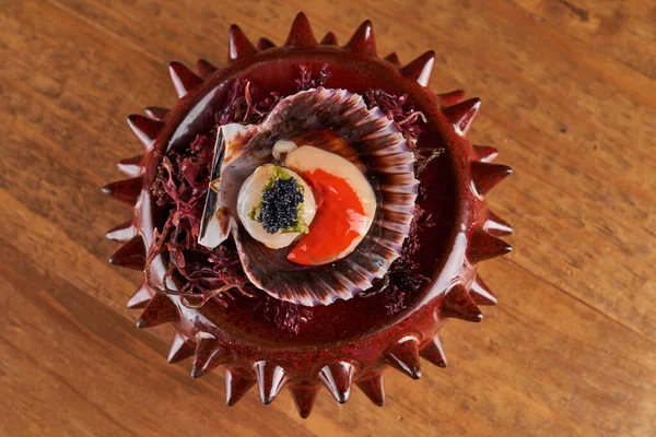 Top View Delicious Fresh Scallops Black Caviar Served Sea Urchin — Stock Photo, Image