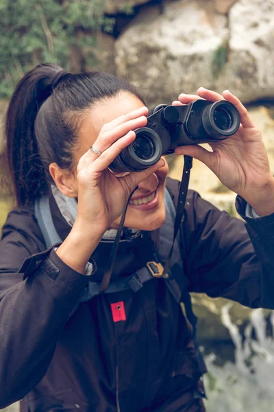 Young Female Traveler Backpack Looking Binoculars While Visiting Biniaraix Suburb — Stock Photo, Image