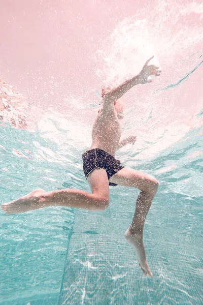 Underwater Full Body View Unrecognizable Barefoot Shirtless Kid Wearing Swimming — Stock Photo, Image