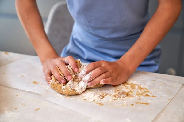 Crop Faceless Kid Kneading Raw Cookie Dough Hands Table While — Stock Photo, Image
