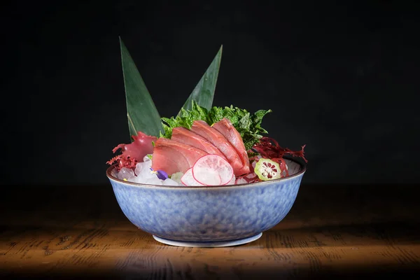 Bowl Yummy Sashimi Fresh Fish Fillet Radish Lime Placed Ice — Stock Photo, Image