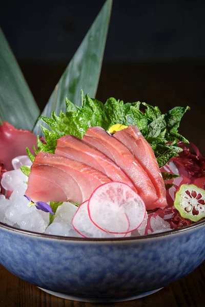 Bowl Yummy Sashimi Fresh Fish Fillet Radish Lime Placed Ice — Stock Photo, Image