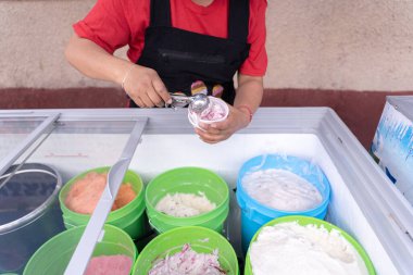 İspanyol bir yetişkin kadın sokakta bir fincanda böğürtlenli ve peynirli dondurma servis ediyor. Geleneksel Meksika tatlısı kavramı