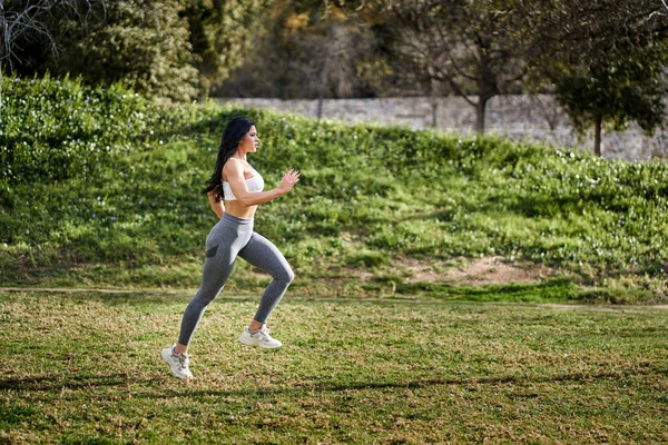 一个女运动员在公园里跑来跑去 她的头发低垂在轮廓上 — 图库照片