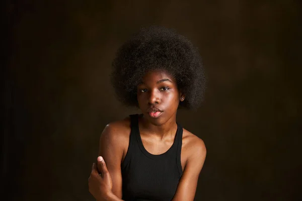 Retrato Uma Bela Jovem Mulher Negra Com Cabelo Afro Preto — Fotografia de Stock