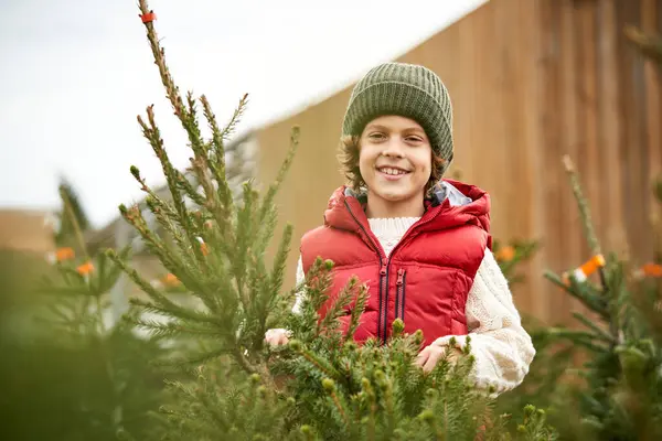 穿着保暖衣服 头戴针织帽子的快乐男孩站在针叶树旁 微笑着 在日光下看着相机 — 图库照片
