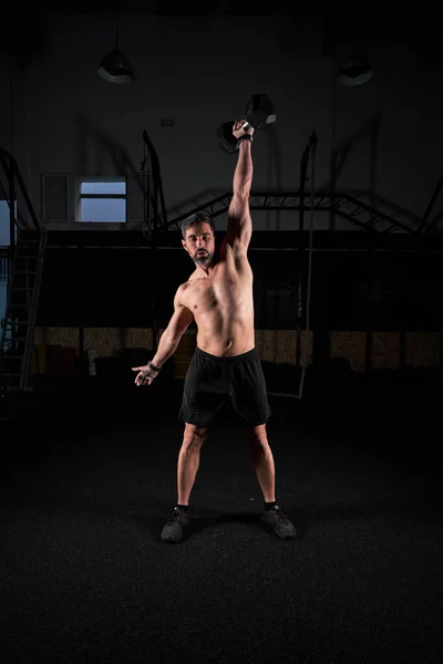 Full Length Athletic Sportsman Naked Torso Short Lifting Heavy Hexagon — Stock Photo, Image