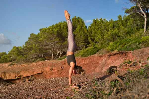 Woman in tights practicing handstand yoga with her feet up and her hands resting on a wooden board on a path in the middle of the forest