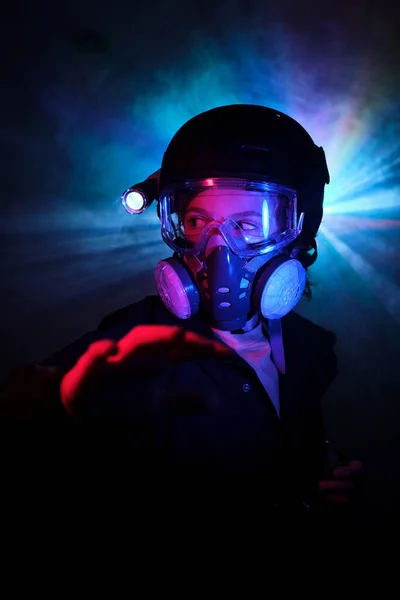 Child Gas Mask Shining Flashlight Observing Territory Outstretched Arm While — Stock Photo, Image