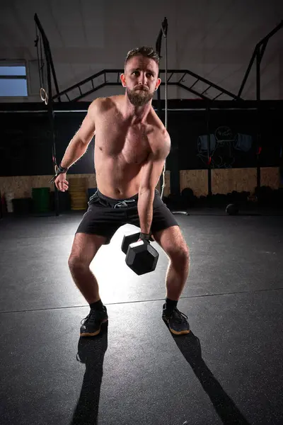 Full Length Muscular Athlete Naked Torso Squatting Heavy Dumbbell Functional — Stock Photo, Image