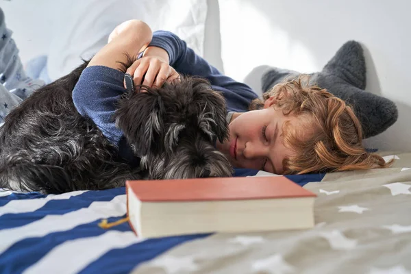 Friedliches Kind Umarmt Flauschigen Hund Beim Träumen Auf Dem Bett — Stockfoto