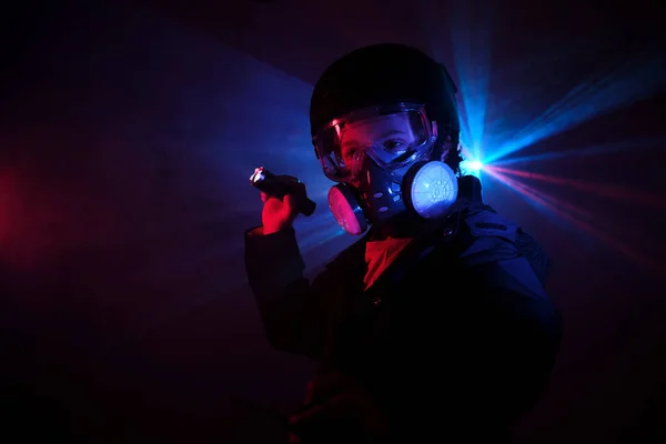 Boy Protective Respirator Exhaust Fans Looking Away While Shining Flashlight — Stock Photo, Image