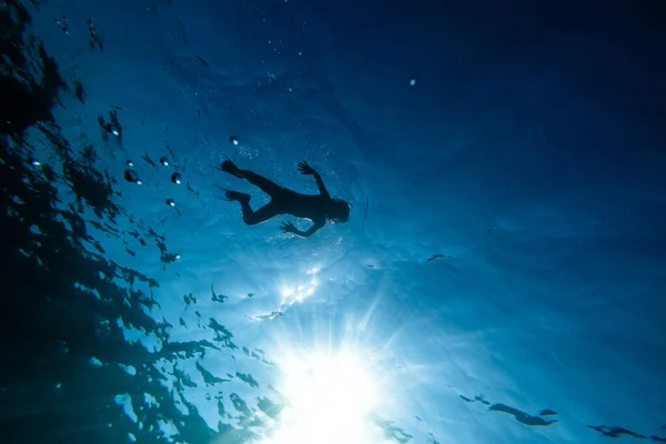 바다의 파란색 투명한 물에서 지느러미와 스노클링 마스크에서 소년의 실루엣의 아래에서 — 스톡 사진