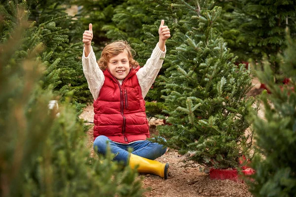 Šťastný Chlapec Svrchním Oblečení Palci Nahoru Sedí Zemi Mezi Zelenými — Stock fotografie