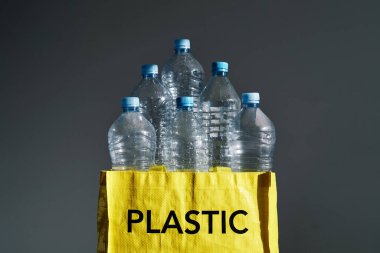 Ayrı çöpler için boş plastik şişeler ve çevreyi korumak ve ekolojiyi korumak için geri dönüşüm