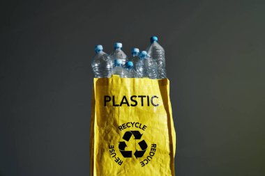 Geri dönüşüm için hazırlanan ve gri arka planda yeniden kullanılacak ayrı çöpler için sarı poşetteki boş plastik şişeler