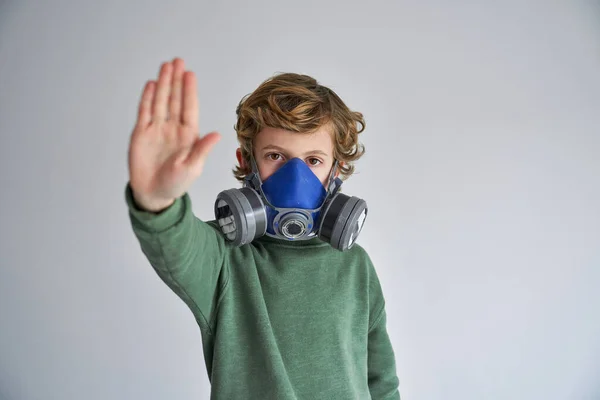 Serious Little Boy Blond Hair Sweatshirt Wearing Air Purifying Respirator — Stock Photo, Image