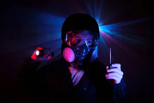 Thug Protective Respirator Portable Walkie Talkie Hand Shining Flashlight While — Stock Photo, Image