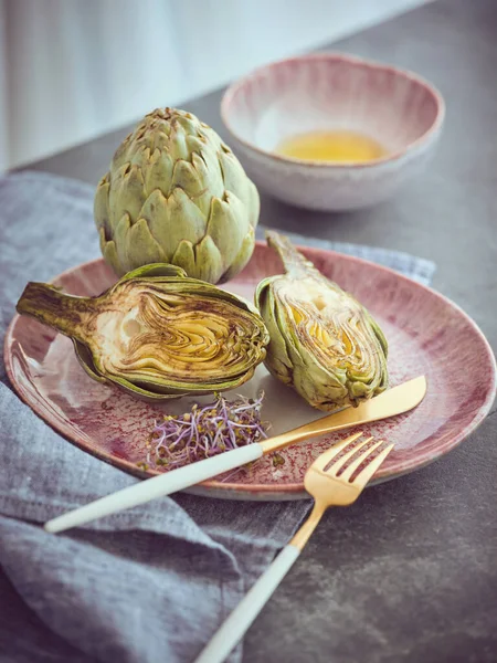 Tasty Healthy Green Artichoke Bud Leaves Served Plate Cutlery Table — Stock Photo, Image