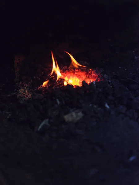Orange Burning Flame Coal Hot Furnace Dark Shabby Blacksmith Workshop — Stock Photo, Image