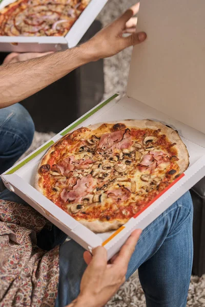 Crop Men Sitting Together Opening Packages Tasty Pizza While Spending — Stock Photo, Image