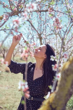 Kemerli elbiseli neşeli kadın çiçek açan ağaç dalını çekiyor ve yaprakları bulutsuz mavi gökyüzünün altında çimlerin üzerinde duruyor.