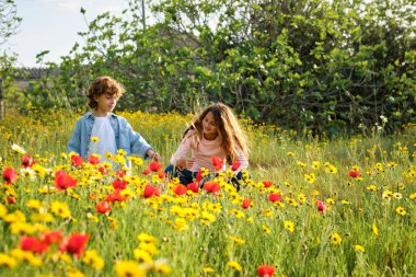 Çiçeklerin arasında çimenlerin üzerinde oturan ve yazın çayırlarda dinlenirken birbirleriyle konuşan sıradan çocuklar.