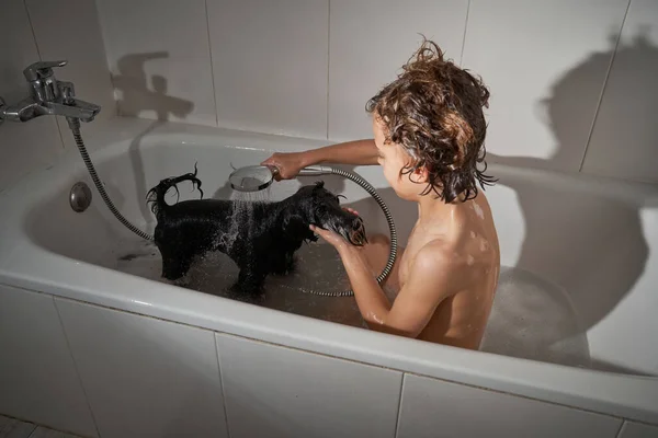 从上面的侧面看男孩儿在浴室日常卫生习惯时 一边在浴缸里一边洗头一边听话的狗 — 图库照片