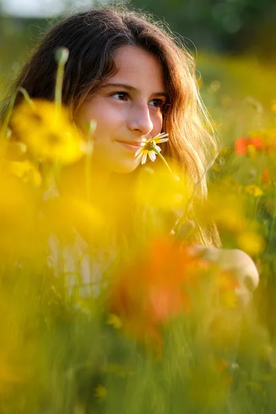 Дівчина Пахне Свіжою Квіткою Озирається Влітку Відпочиваючи Трав Янистому Полі — стокове фото