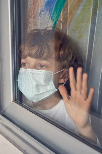 Adorable Boy Protective Medical Mask Looking Away Window While Touching — Stock Photo, Image