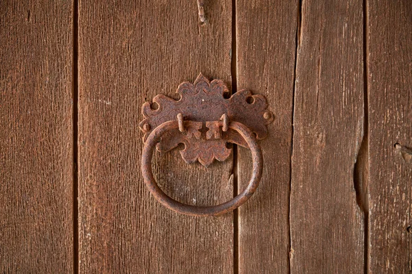 Metal Decorative Shaped Aged Rusty Door Handle Attached Shabby Wooden — Stock Photo, Image