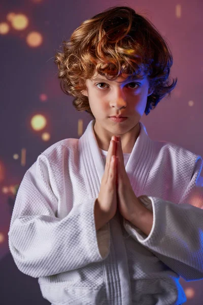 Calm Preteen Kid White Kimono Looking Away Folded Hands Greeting — Stock Photo, Image