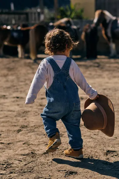 牧場で晴れた日に馬の近くのパドックで手を歩いて帽子とスタイリッシュな衣装で匿名の小さな男の子のバックビュー — ストック写真