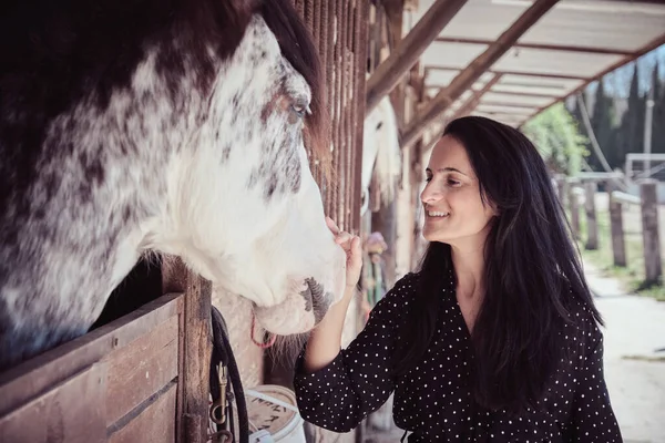 Conteúdo Fêmea Vestido Preto Acariciando Bonito Branco Manchado Cavalo Estábulo — Fotografia de Stock