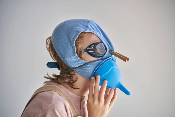 Child Protecting Himself Swimming Shorts Goggles Possible Infection — Stock Photo, Image